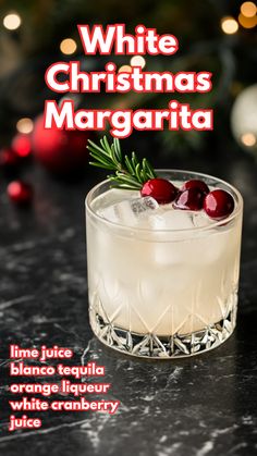 White Christmas Margarita White Christmas Cranberry Margarita, White Tequila Cocktails, Drinks With White Cranberry Juice, Alcoholic Punch Recipes Tequila, Coconut Margarita Christmas, Holiday Shots Recipes, Green Holiday Drinks, White Christmas Margaritas, Don Julio Blanco Drinks Recipes