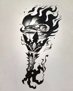 a black and white drawing of a skull with flames on it