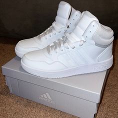 New With Box, Only Tried On. All White Adidas Hoops Mid 3.0 Basketball Shoes Adidas Mid Shoes, Adidas Hoops 3.0, All White Adidas, Wedge Tennis Shoes, White Casual Sneakers, Adidas Shoes Outlet, Comfy Clothing, Adidas White, Women Outfits