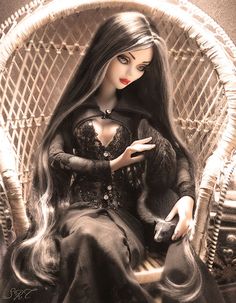 a doll sitting in a wicker chair with long hair and red lipstick on her face