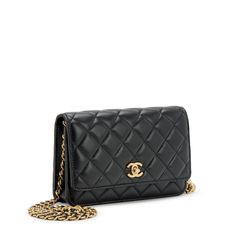 CHANEL QUILTED LAMBSKIN CC PEARL CRUSH WALLET ON CHAIN WOCLIKE NEW CONDITION This stylish shoulder bag is crafted of diamond quilted lambskin leather in black. Features an adjustable leather threaded gold chain shoulder strap and a flap with an aged gold CC clasp. The flap opens to a matching leather and gold fabric interior with card slots, a flat pocket, and a zip compartment. 7.5 X 5 X 1.75"Drop: 24.00 in This Chanel® CC is a registered trademark of Chanel® Chanel® Woc Chanel, Bag Wishlist, Chanel Chanel, Wallet On Chain, Handbag Heaven, Stylish Shoulder Bag, Leather Thread, Black Features, Gold Fabric