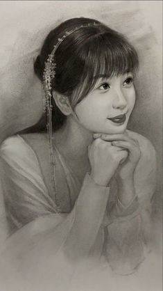 a pencil drawing of a woman with her chin resting on her hand and looking at the camera