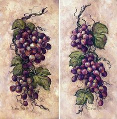 two paintings of grapes with green leaves on them