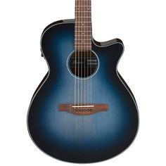 a blue acoustic guitar with a black body and brown frets on the back side