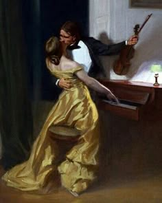 a painting of a man and woman playing the piano