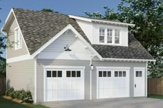 a two car garage with an attached porch