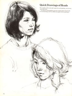 a drawing of two women with the words quick drawings of heads written below them in black and white