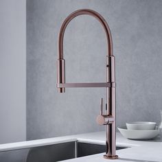 a kitchen faucet with a sink and countertop in the background, next to a bowl