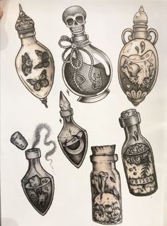 an image of some bottles with skulls on them and other things in the bottom right hand corner