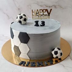 a birthday cake with soccer balls on top