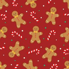 seamless gingerbread cookies and candy canes on red background