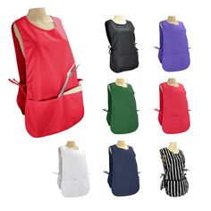 six different colors of aprons on mannequins