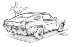 a drawing of a car with a mustang logo on the top and an eagle flying above it