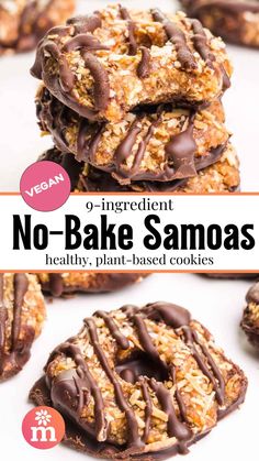 no - bake samoa cookies stacked on top of each other