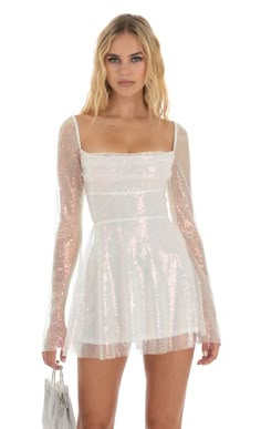 Brooks Iridescent Sequin Flare Dress in White | LUCY IN THE SKY Long Sleeve Sequin Dress, Party Mini Dress, Eras Tour Outfit, Sequin Dresses, Skater Dresses, Winter Formal, Colorblock Dress, Hoco Dresses, Glamorous Evening Gowns