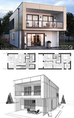 two story house plans with different levels and floor plans for each room in the house