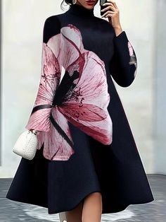 Regular Sleeve Regular Fit Elegant Floral Sweater Dress | stylewe Elegant Dress Outfits, Long Sleeve Floral Midi Dress, Elegant Knee Length Dresses, Women's Winter Outfit, Brocade Coat, Fitted Floral Dress, Front Knot Dress, Midi Dresses For Women, Fashion Black And White