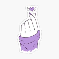 a purple and white sticker with the shape of a hand holding up a heart