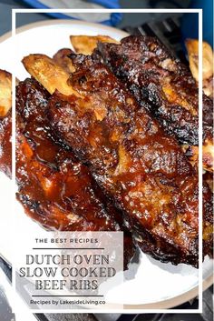 the best recipe dutch oven slow cooked beef ribs on a white plate with text overlay