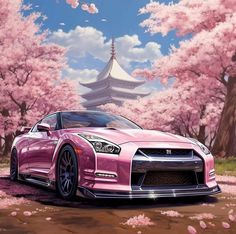 a pink sports car parked in front of a pagoda with cherry blossoms on the trees