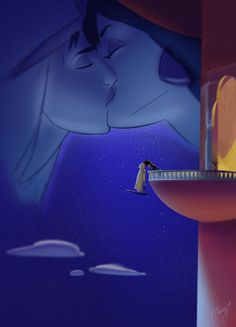 an animated image of a man kissing a woman's forehead with clouds in the background