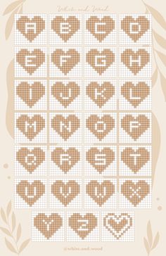 a cross stitch pattern with hearts and leaves on the bottom, in brown tones that says love