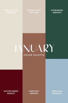 the january color palette is shown in several different colors and font styles, including red, white