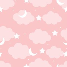 pink and white stars and clouds wallpaper with the moon in the sky above them