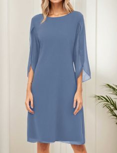 Elegant Chiffon Straight Dress Crew Neck Flutter Split Sleeve Party Wedding Cocktail Midi Dress, Woman's Clothing Blue Elegant,Modest  Half Sleeve  Plain Tunic Slight Stretch Spring/Summer Women Clothing, size features are:Bust: ,Length: ,Sleeve Length: Blue Chiffon Dress For Summer Wedding Guest, Blue Chiffon Dress For Summer Wedding, Knee-length Chiffon Dress For Wedding Guest, Elegant Chiffon Dress With Butterfly Sleeves, Solid Chiffon Evening Dress, Chiffon Dress With Butterfly Sleeves, Elegant Flowy Dress With Butterfly Sleeves, Chiffon A-line Dress, Flowy Solid Color Chiffon Dress