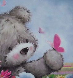 a painting of a gray teddy bear with pink butterflies on it's nose and chest