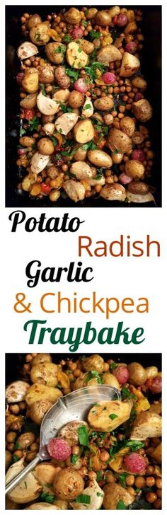 potato radish garlic and chickpea tray with text overlay that reads potato radish and chickpea tray