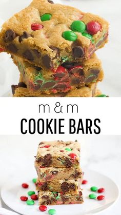 cookies and candy bars stacked on top of each other with the words m & m cookie bars above them