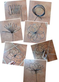 four different pictures of wire work on the ground with one being held up by someone's hand