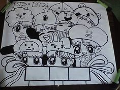 a bunch of cartoon characters are drawn on a piece of paper