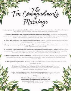 the ten commandments of marriage with green leaves and white flowers on a white background