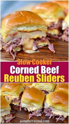 slow cooker corned beef reuben sliders on a cutting board with text overlay