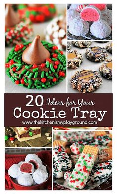 many different cookies and desserts are arranged in this collage with the words, 20 ideas for your cookie tray