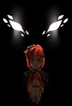 an anime character with red hair and two lights on her head, standing in front of a black background