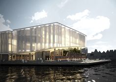 an artist's rendering of a building on the water with people walking around it