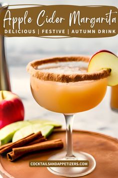 an apple cider margarita with cinnamon garnish on the rim