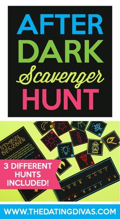 the text after dark scavenger hunt is shown above an image of some cards