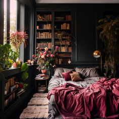 a bedroom with black walls and lots of bookshelves filled with various types of plants