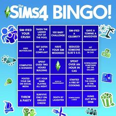 an image of a game board with the words sims4 bingo on it