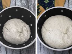 two pictures of dough in a black bowl