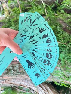 a person holding up several blue cards with hand prints on them and trees in the background