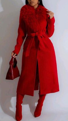 Red Coat Outfit Winter, Red Coat Outfit, Red Faux Fur Coat, Long Coat Outfit, Winter Coat Outfits, Trendy Christmas Outfits, Everyday Glam, Classy Casual Outfits, Classy Casual