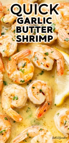 garlic butter shrimp in a skillet with lemon and parsley