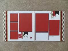 two red and white pages on the floor with some black and white trim around them