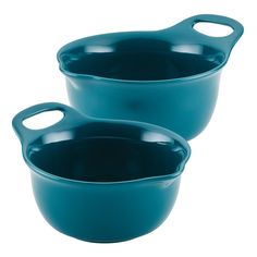 two blue bowls with handles on each side