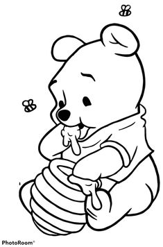 winnie the pooh holding a honey pot with a bee in it's mouth